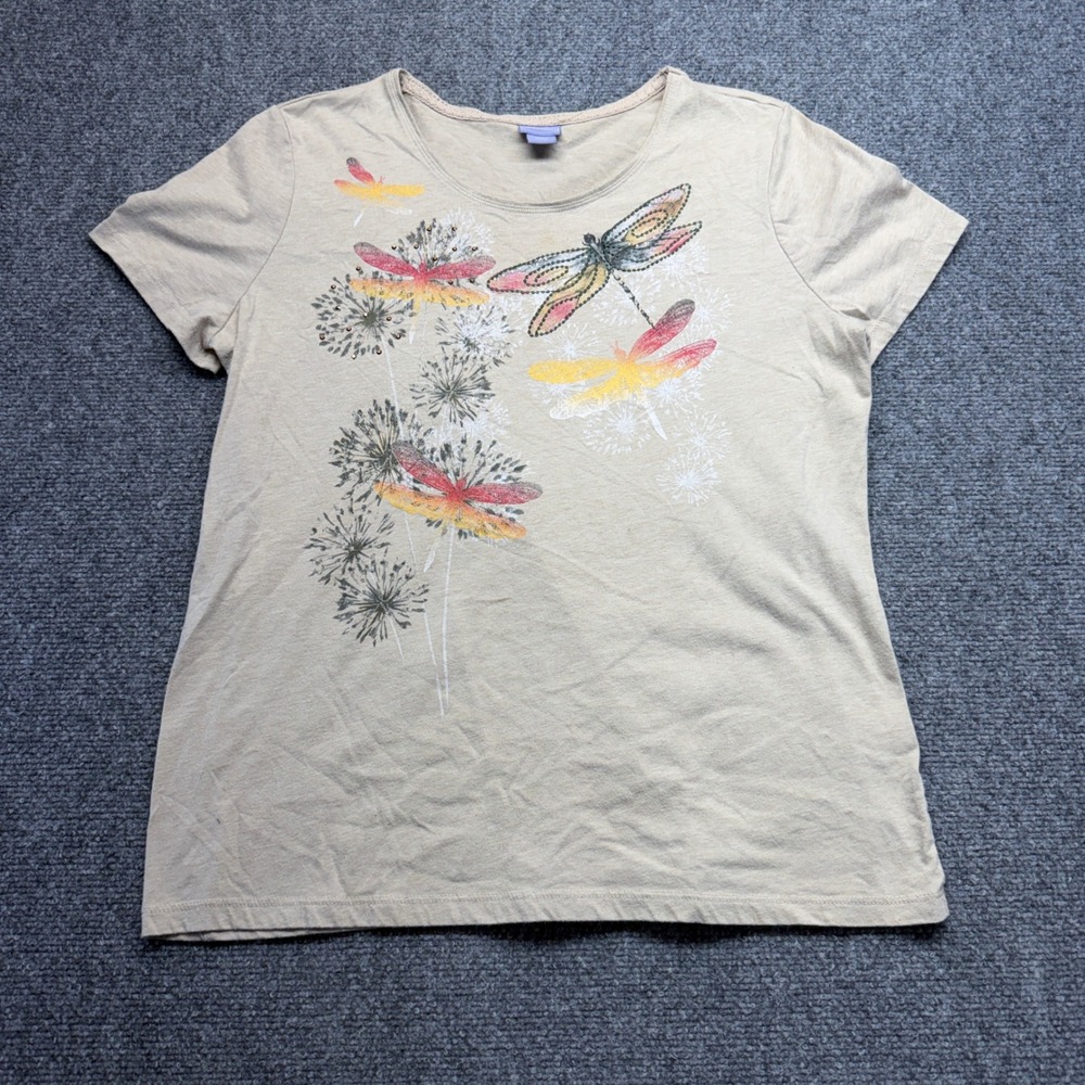 Y2K Laura Scott Womens Tan Dragonfly Dandelion Graphic T-Shirt Lace Trim Size L